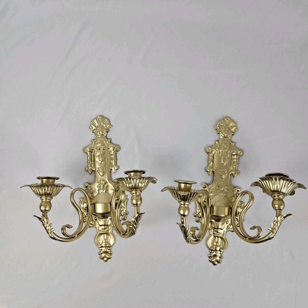 Hollywood Regency Candle Wall Sconces Double Arm Ornate Gold Cast Metal Louis XV